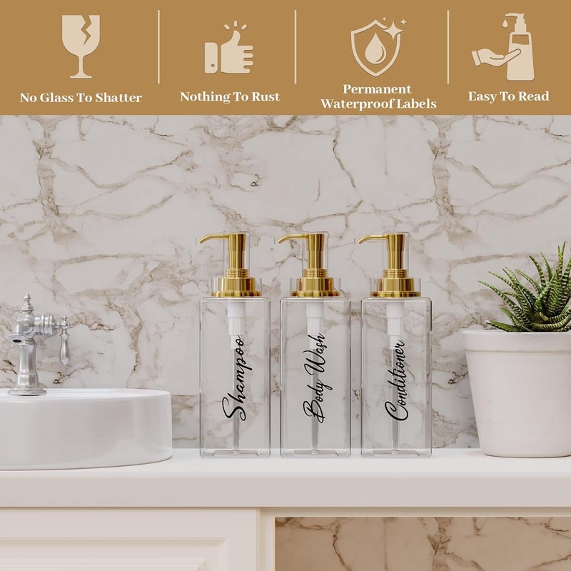 Akalin Shiny Shampoo and Conditioner Dispenser 16oz, Set of 3 Refillable Shampoo and Conditioner Shiny Bottles with Pump, 3 Clear Body Wash Dispenser for Shower, Gold Soap Dispenser Bathroom (Clear) - Image 2